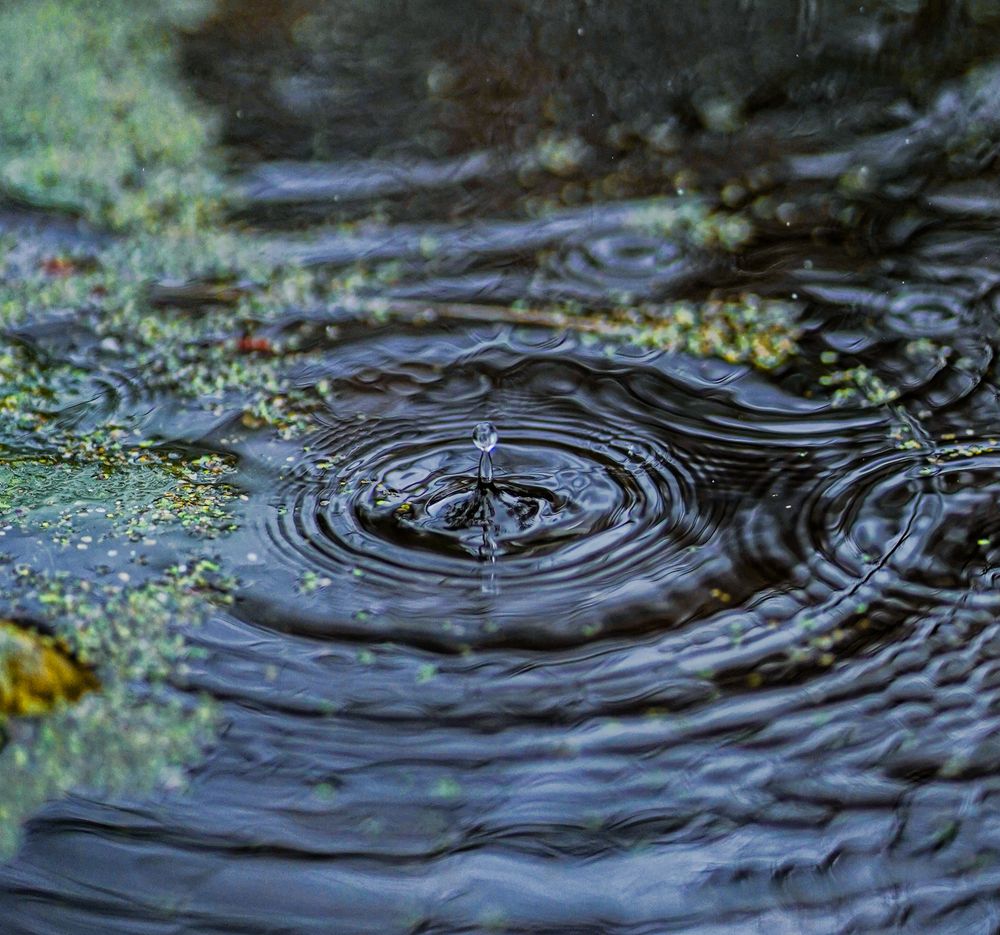 Close-up of a water droplet creating ripples, dark and moody