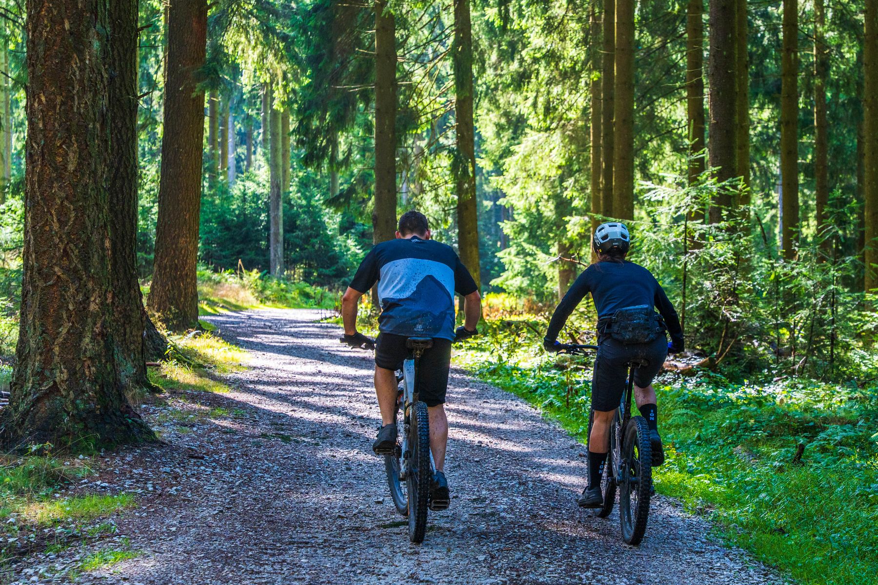 Two cyclists riding mountain bikes along a gravel forest trail